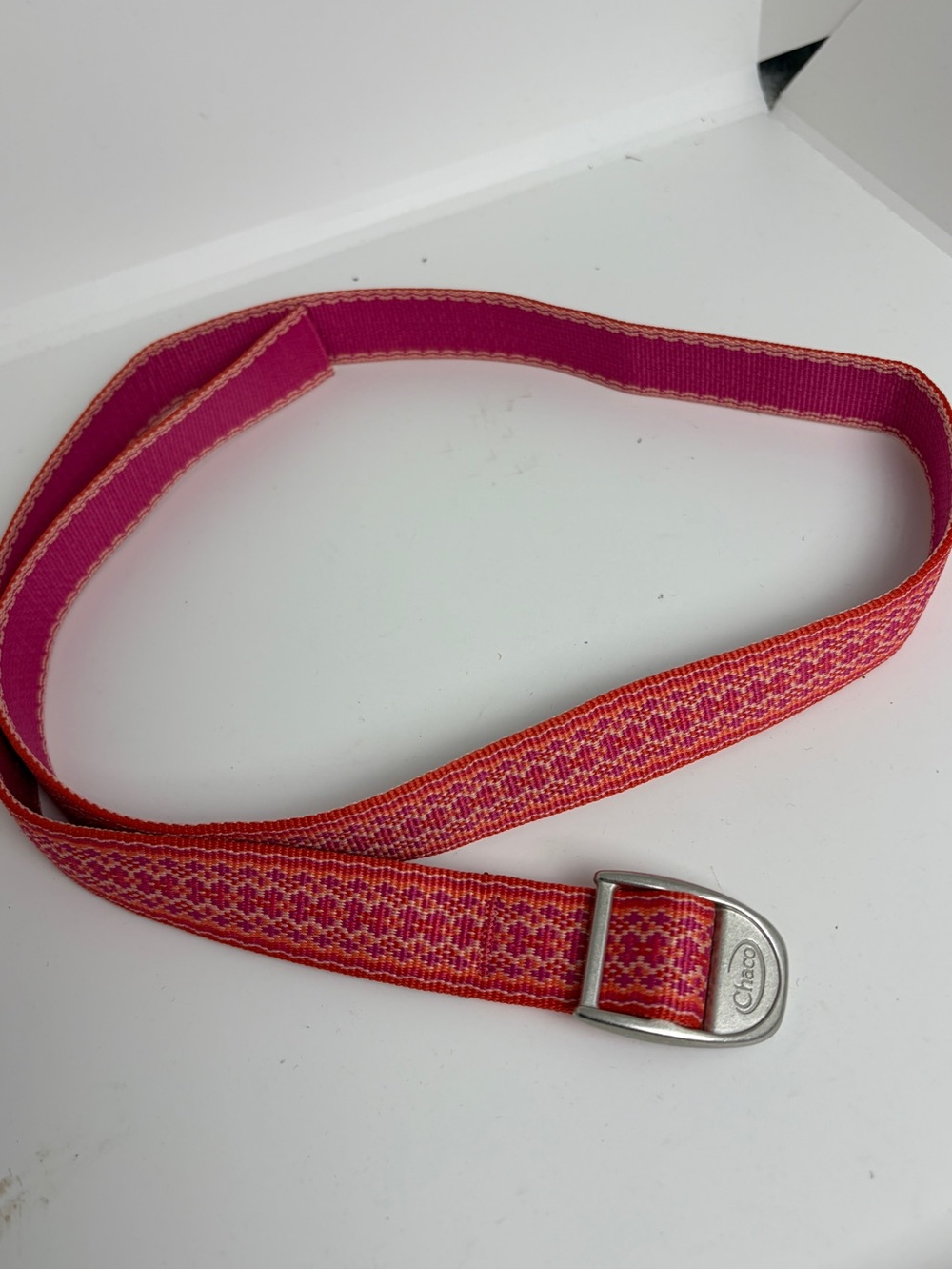 Chaco Geometric Webbing Belt Cinch Metal Buckle in Pink Orange; 42 inches